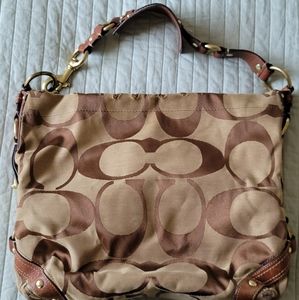 Coach Carly Signature Khaki/Brown Jacquard with Leather Straps Hobo Bag - Large